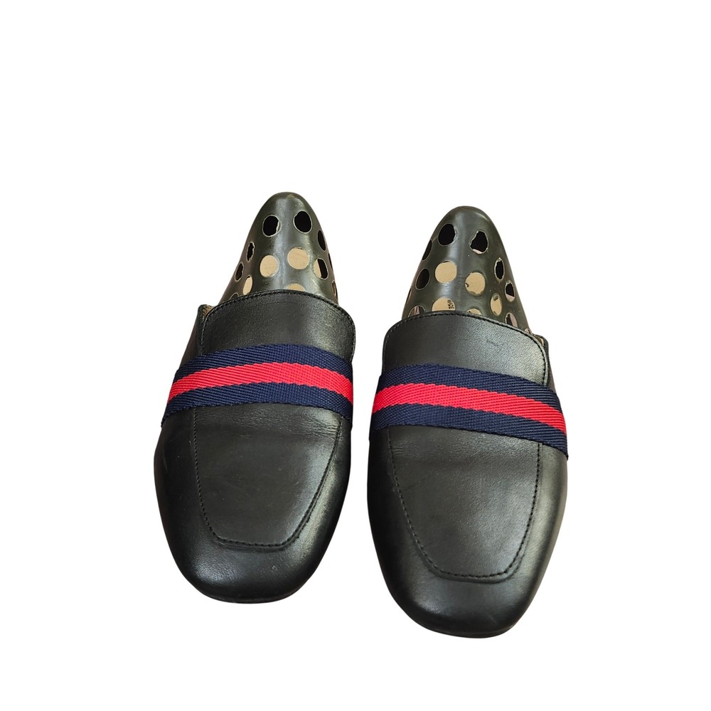 Enzo Tesoti Black Leather Mules Made in Spain Striped Webbing Slides Womens 39